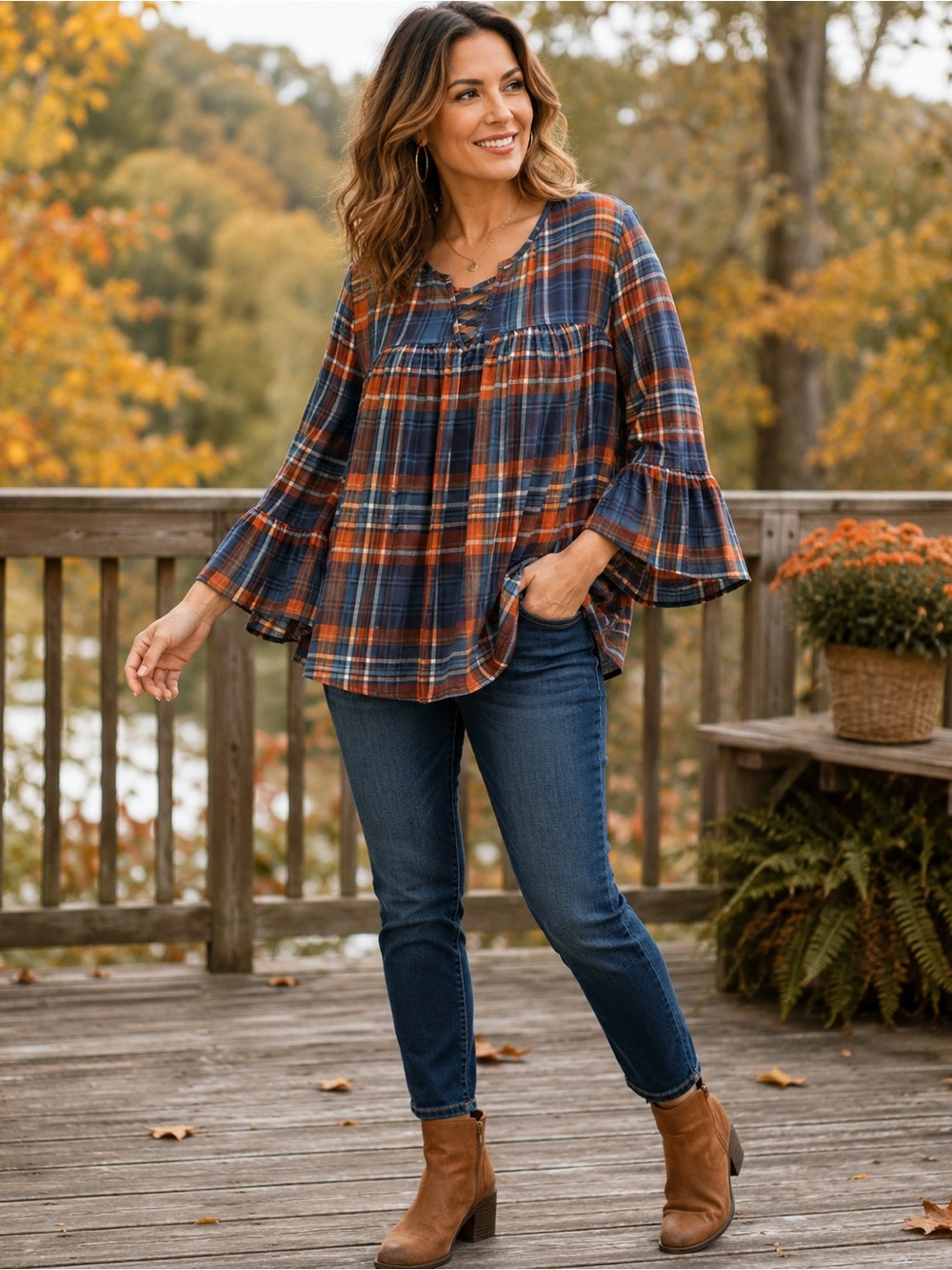 Lily Women’s Small Plaid Blouse Blue Orange Bell Sleeve Lattice Neck Boho Fall